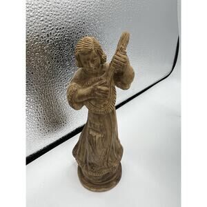 Hand Carved Wooden Woman Figurine Playing Lute Mandolin Folk Art Statue